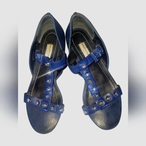 Balenciaga Paris Women's Silver Studs Navy T-strap Buckle Fastener Sandals Sz 38